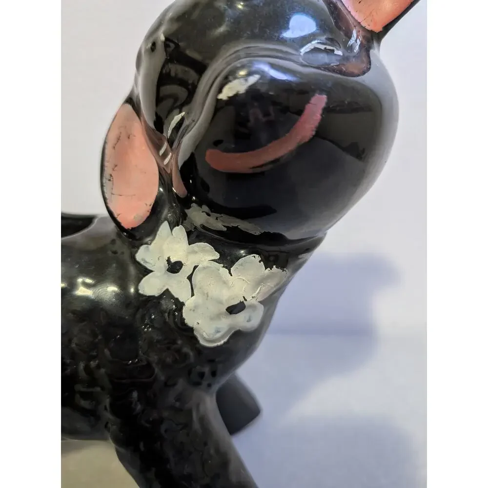 Vintage 1950s Black Lamb Ceramic Planter Kitsch Sheep Pot - AS IS / Worn